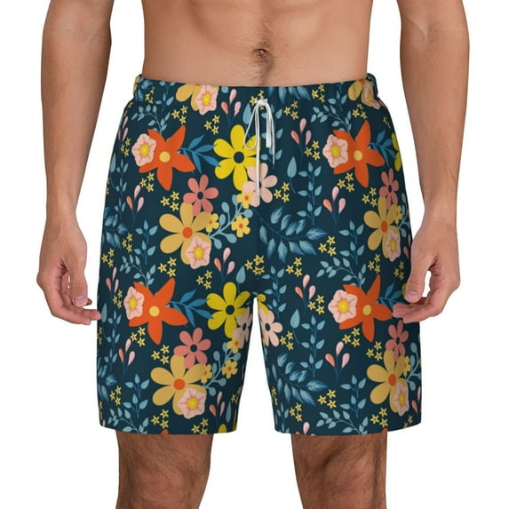 Kdxio Blue Floral Print Men'S Swim Trunks With Compression Liner 7 Inch Inseam Quick Dry Swim Shorts