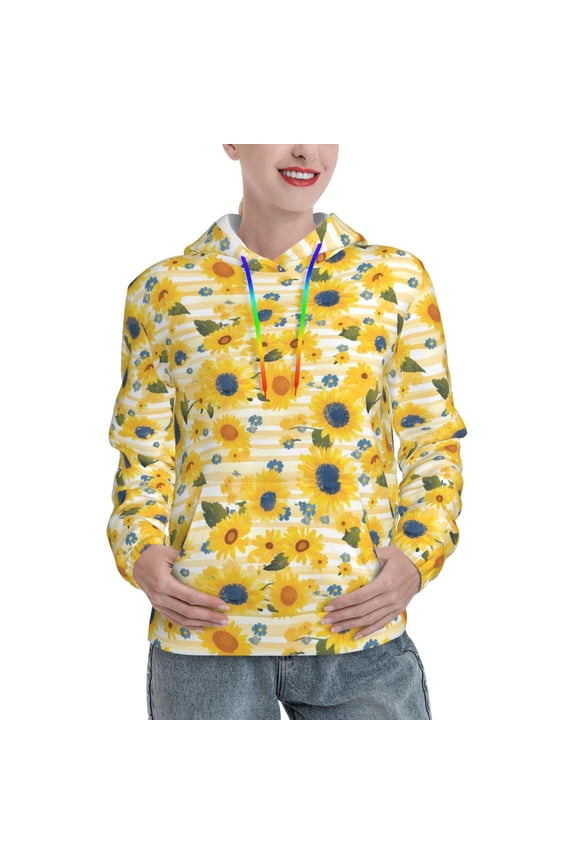 Blue Floral Sunflower Print Womens Oversized Hoodies Sweatshirts Hooded Pullover Tops Sweaters Casual-Small