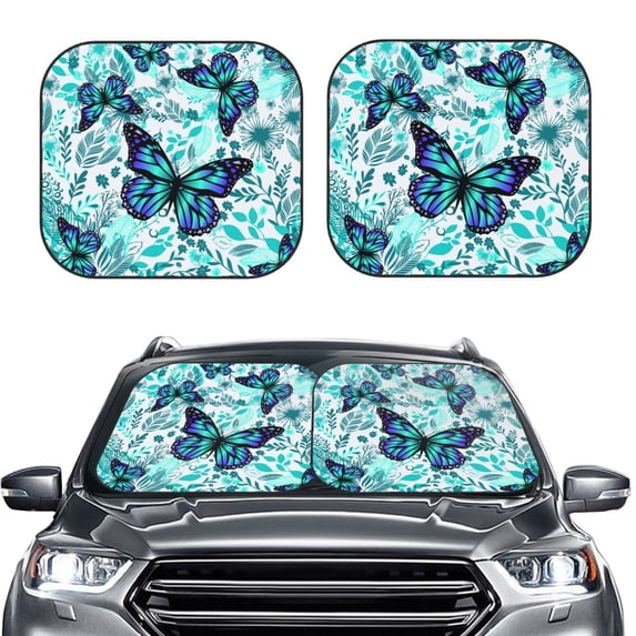 Kdxio Blue Floral With Butterflies Print 2-Piece Sun Shade Front Windshield - Foldable Car Front Window Sunshades For Most Sedans Suv Truck