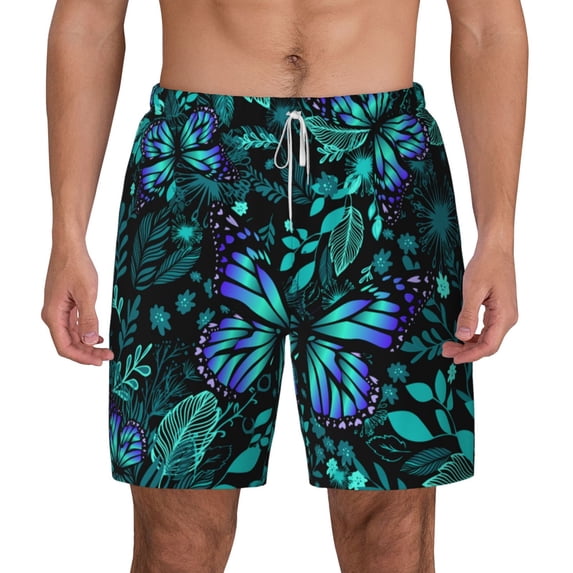 Kdxio Blue Floral With Butterflies Print Men'S Swim Trunks With Compression Liner 7 Inch Inseam Quick Dry Swim Shorts