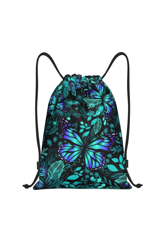 Blue Floral with Butterflies Print Drawstring Backpack Bag,Waterproof Draw String Back Sack, Gym Drawstring Bags Swim Bag For Unisex