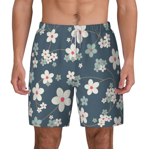 Kdxio Blue Flower Print Men'S Swim Trunks With Compression Liner 7 Inch Inseam Quick Dry Swim Shorts