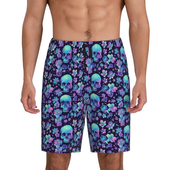 Kdxio Blue Flower Skull Print Mens Sleep Shorts Bottoms Soft Comfy Pajama Wear Pants with Drawstring Pockets