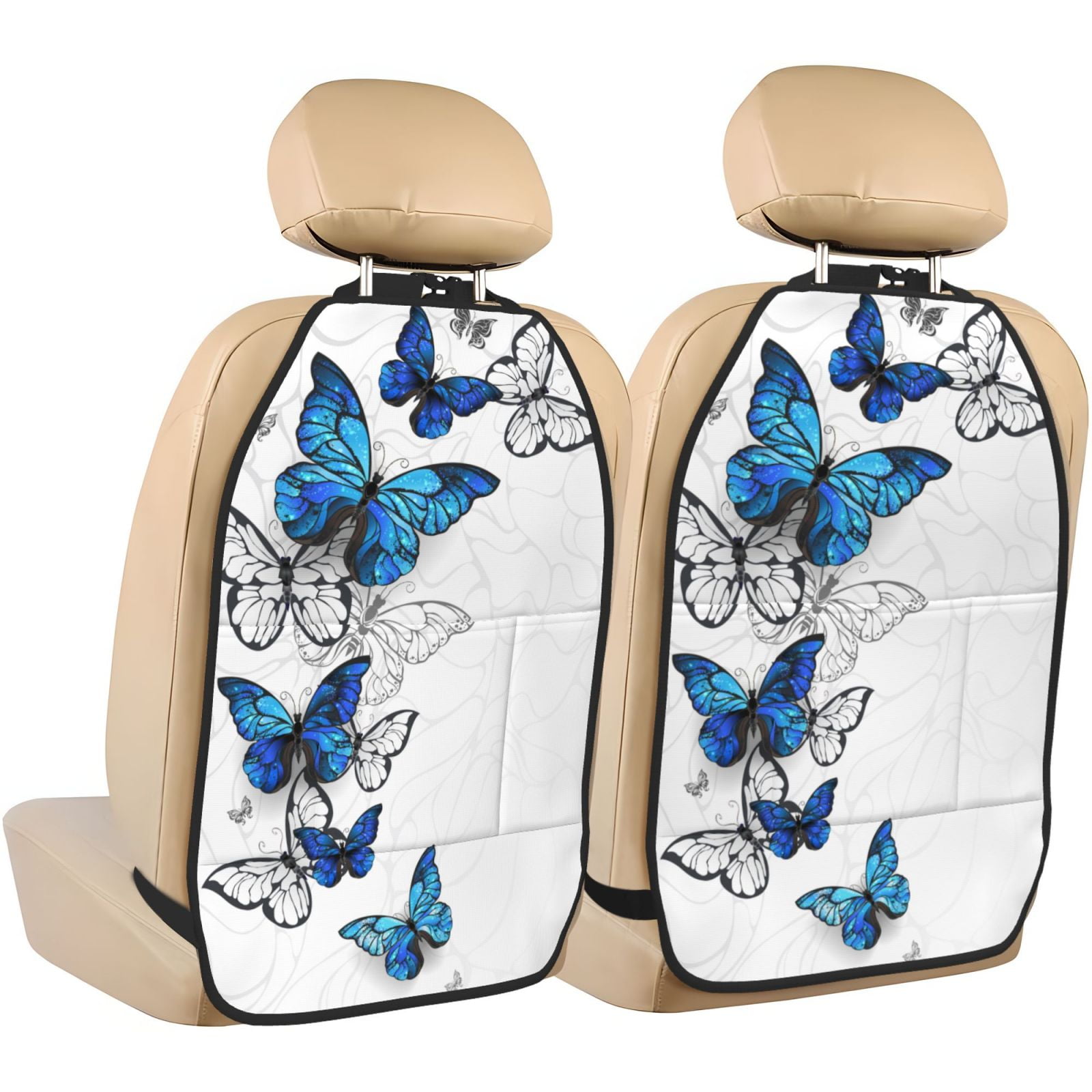Kdxio Blue Flying Butterflies Print 2 Pack Car Kick Mat Seat Cover Back Protector Mat with Pockets for Organizer Backseat Protector and Storage Anti Kick Pad for Vehicles
