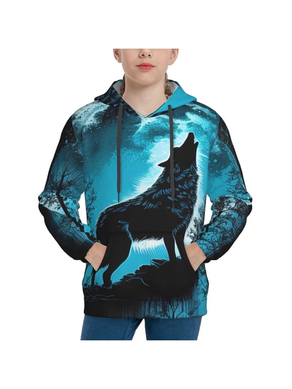 Blue Full Moon Wolf Pattern Boys Athletic Unisex Boys Girls Hoodie with Pocket Sweatshirts-Medium