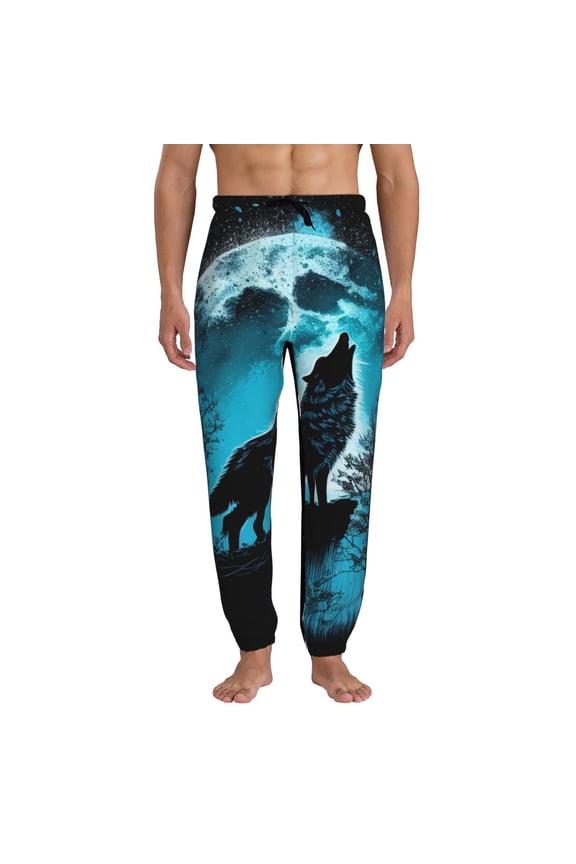 Blue Full Moon Wolf Pattern Joggers,Sweatpants for Men with Pockets-Medium
