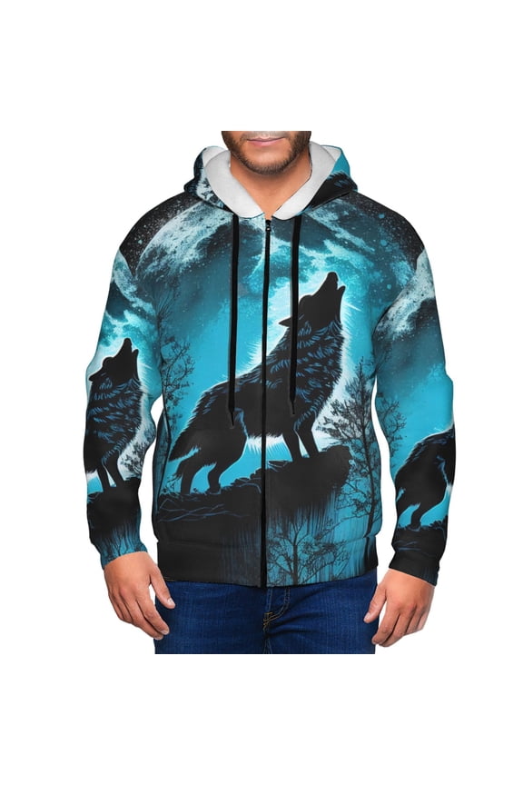 Blue Full Moon Wolf Print Men Hoodies Casual Hoodies for Men with Zip Pockets Full Zip Long Sleeve Sweatshirt Sports Hooded Jacket-Small
