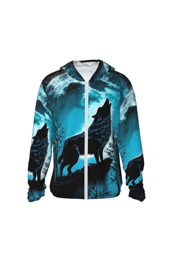 Blue Full Moon Wolf Print Women Men Sun Protection UPF 50+ Jackets Zip Up Long Sleeve Hoodie Hiking Lightweight with Pockets