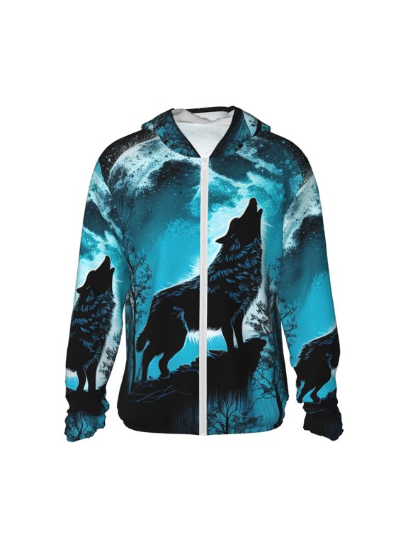 Blue Full Moon Wolf Print Women Men Sun Protection UPF 50+ Jackets Zip Up Long Sleeve Hoodie Hiking Lightweight with Pockets