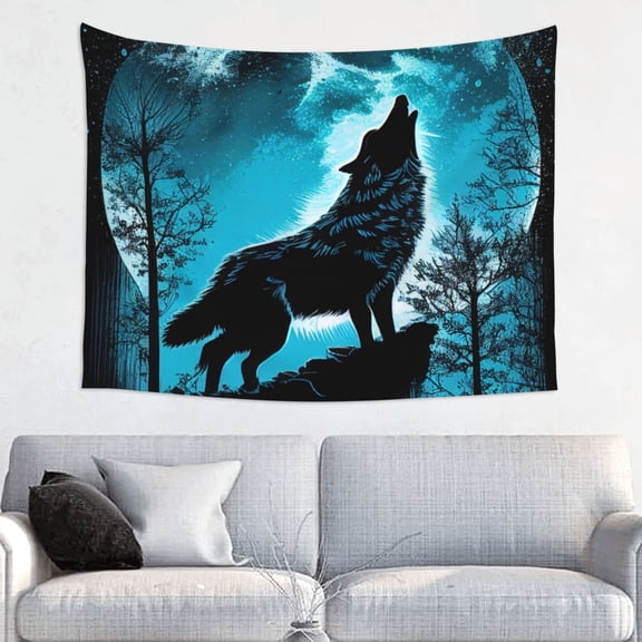 Kdxio Blue Full Moon Wolf Wall Hanging Tapestries Banner For Bedroom College Dorm Home Living Room Party Decor 29X37 In