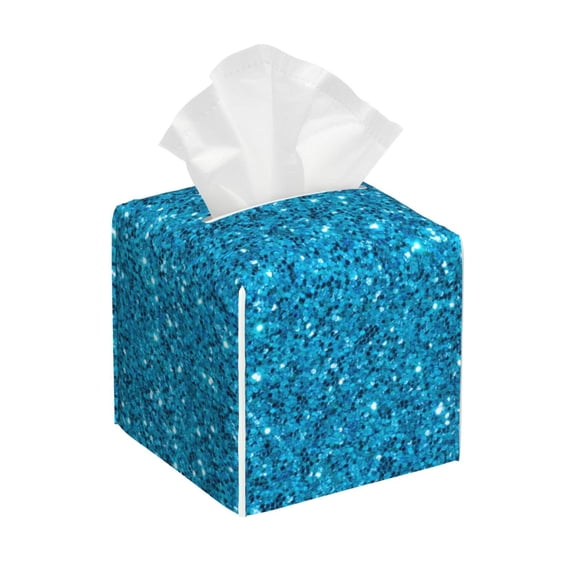 Kdxio Blue Glitter Print Tissue Box Cover,Square Decorative PU Leather Facial Paper Case Organizer Holder Dispenser for Bathroom,Night Stands,Desk,Car 5.2''X5.2''X5.2''