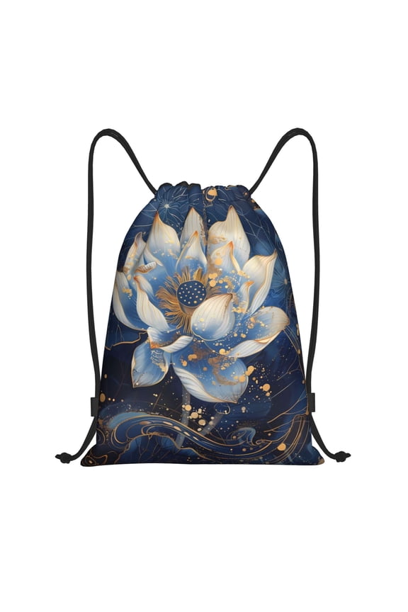 Blue Golden Dream Lotus Print Drawstring Backpack Bag,Waterproof Draw String Back Sack, Gym Drawstring Bags Swim Bag For Unisex