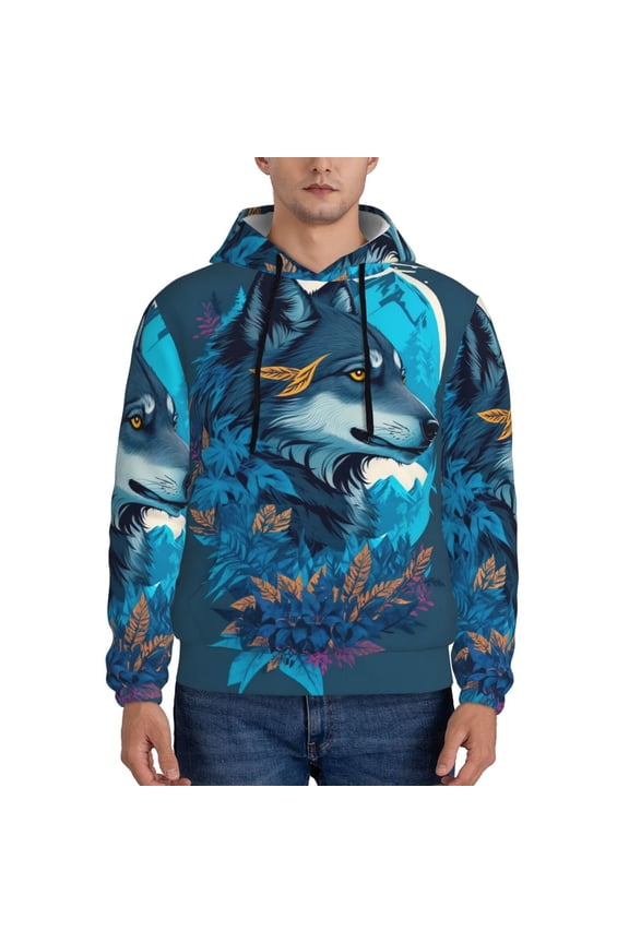 Blue Iceberg Leaf Wolf Print Mens Casual Hooded Collar Drawstring Hoodies Pullover Sweatshirts Casual Long Sleeve Shirts-3X-Large