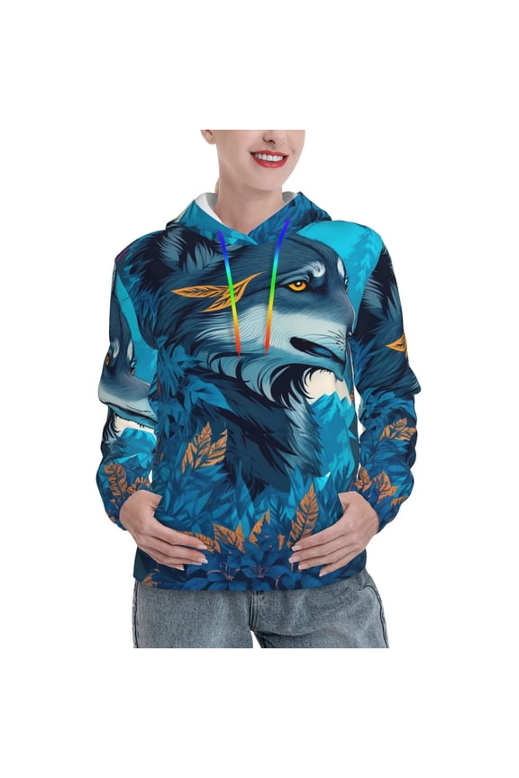 Blue Iceberg Leaf Wolf Print Womens Oversized Hoodies Sweatshirts Hooded Pullover Tops Sweaters Casual-