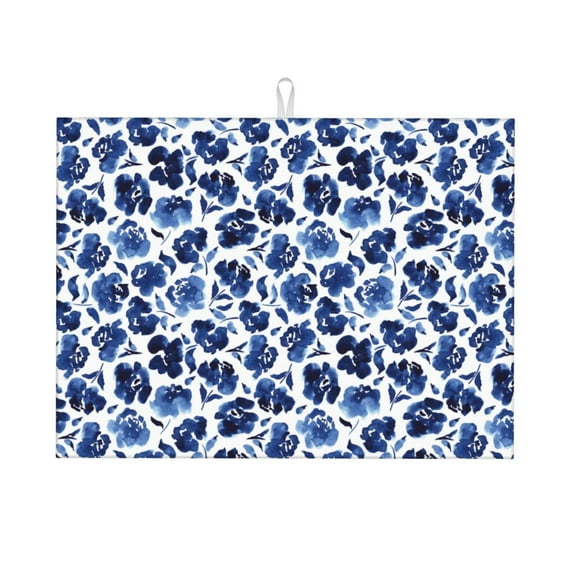 Kdxio Blue Ink Flowers for Dish Drying Mat,24*18 inch Absorbent Dish Drainer Kitchen Counter,Large Size Dish Drying Pad for Countertops,Draining Racks