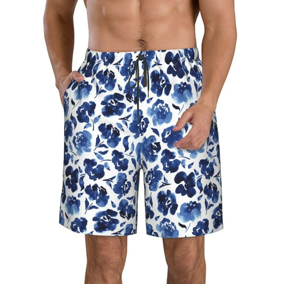 Kdxio Blue Ink Flowers Pattern Mens Casual Shorts - Drawstring Summer Beach Sports Shorts for Men