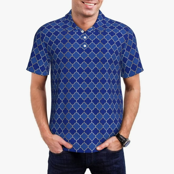 Kdxio Blue Lantern Shapes Print Men's Short Sleeve Polo Shirt,Midweight Men's Shirt