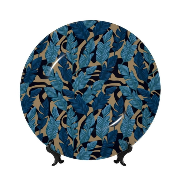 Kdxio Blue Leaves A Bone China Decorative Plate Ceramic Decorative Plate for Home Office Wall Stand Decorative Plates for Home Bedroom-7in