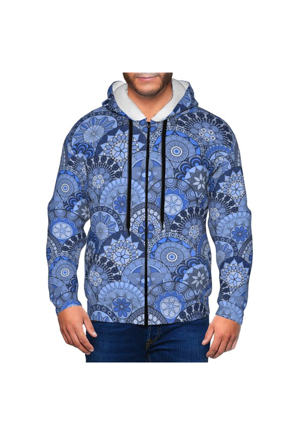 Blue Mandala Harmony Print Men Hoodies Casual Hoodies for Men with Zip Pockets Full Zip Long Sleeve Sweatshirt Sports Hooded Jacket-Small