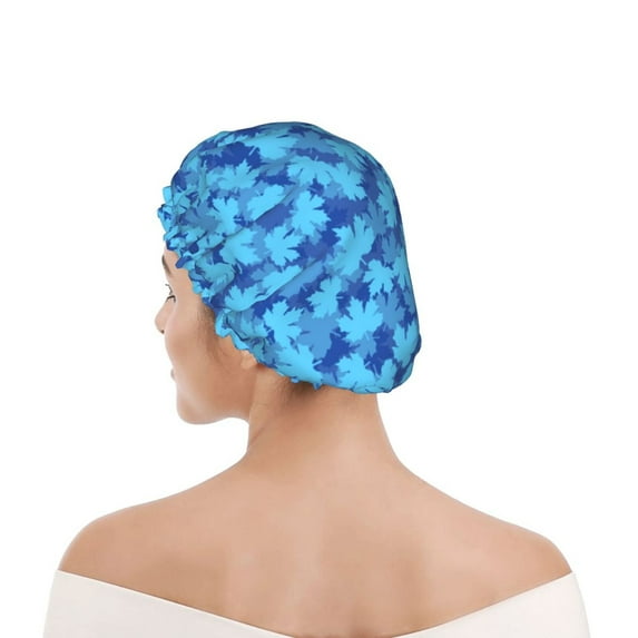 Kdxio Blue Maple Leaf Print Shower Cap for Women,Elastic and Reusable,Double Waterproof Layers Bathing Hat