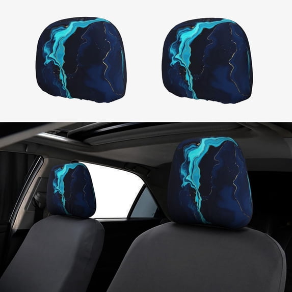 Kdxio Blue Marble And Gold Pattern Print 2 Piece Car Head Rest Covers Set Auto Front/Rear Seats Headrest Cover Universal Fit Most Cars,Sedan, SUV