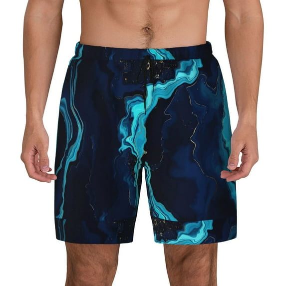 Kdxio Blue Marble And Gold Print Men'S Swim Trunks With Compression Liner 7 Inch Inseam Quick Dry Swim Shorts