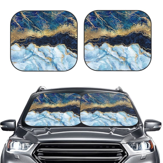 Kdxio Blue Marble Gold Foil And Glitter Decor Print 2-Piece Sun Shade Front Windshield - Foldable Car Front Window Sunshades For Most Sedans Suv Truck