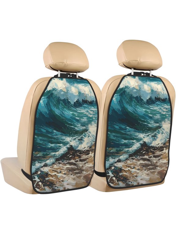 Blue Ocean Waves Print 2 Pack Car Kick Mat Seat Cover Back Protector Mat with Pockets for Organizer Backseat Protector and Storage Anti Kick Pad for Vehicles