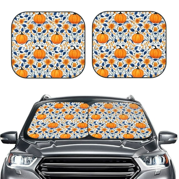 Kdxio Blue Orange Pumpkin fall Print 2-Piece Sun Shade Front Windshield - Foldable Car Front Window Sunshades for Most Sedans SUV Truck