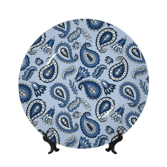 Kdxio Blue Paisley Pattern Vintage Bone China Decorative Plate Ceramic Decorative Plate for Home Office Wall Stand Decorative Plates for Home Bedroom-7in