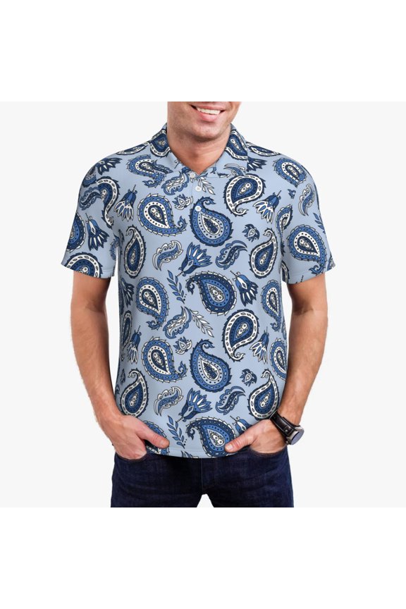 Blue Paisley Pattern Vintage Print Men's Short Sleeve Polo Shirt,Midweight Men's Shirt-Medium
