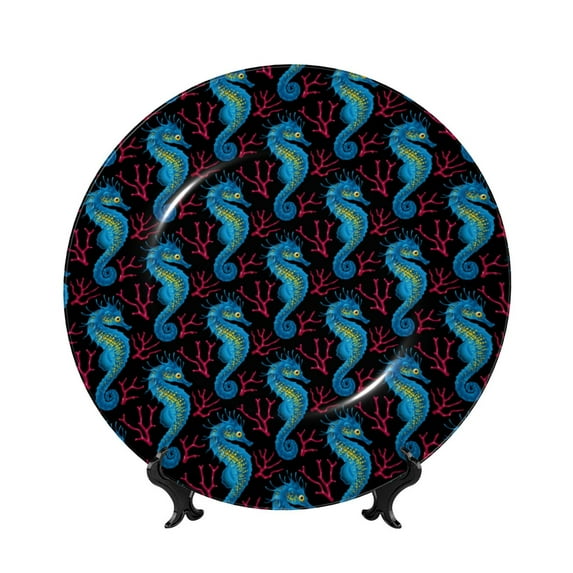 Kdxio Blue Seahorse Bone China Decorative Plate Ceramic Decorative Plate for Home Office Wall Stand Decorative Plates for Home Bedroom-10in