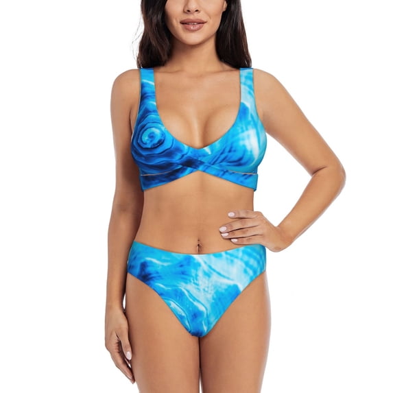 Kdxio Blue Shell Print Women's 2 Piece High Waisted Wrap Spaghetti Strap Summer Swimsuit Bikini Set-Medium