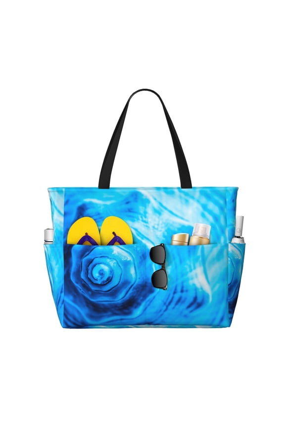 Blue Shell for Beach Bag for Women Large Beach Tote Bag Waterproof Sandproof Swim Bag with Zipper Pockets Beach Vacation Travel