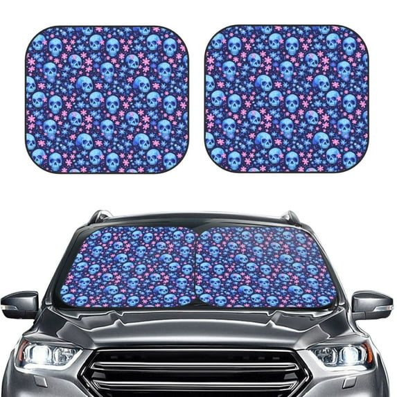 Kdxio Blue Skull Flower Print 2-Piece Sun Shade Front Windshield - Foldable Car Front Window Sunshades for Most Sedans SUV Truck