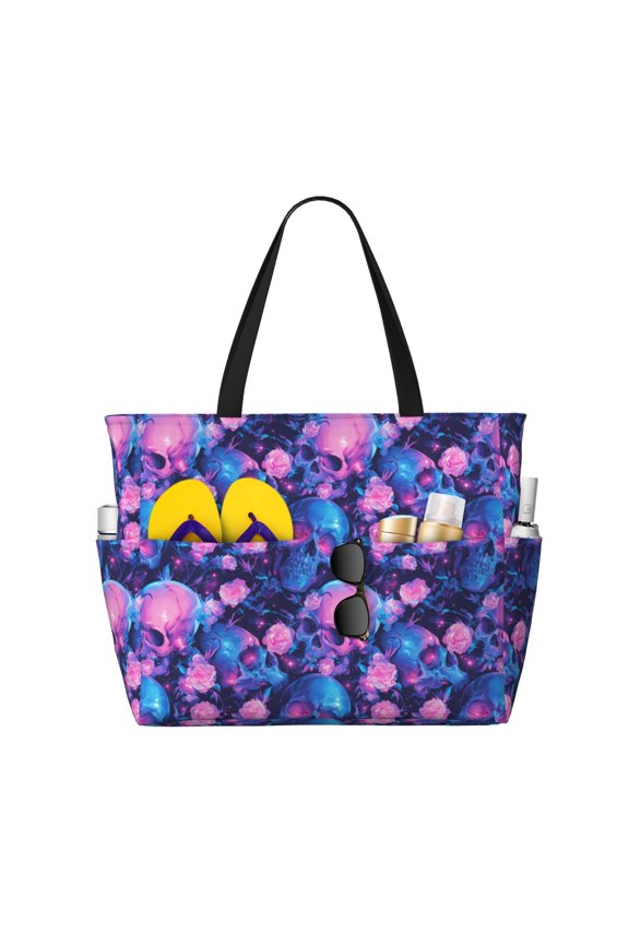Blue Skull Rose for Beach Bag for Women Large Beach Tote Bag Waterproof Sandproof Swim Bag with Zipper Pockets Beach Vacation Travel