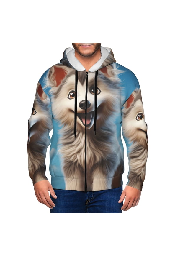 Blue Sky Cute Wolf Print Men Hoodies Casual Hoodies for Men with Zip Pockets Full Zip Long Sleeve Sweatshirt Sports Hooded Jacket-Medium
