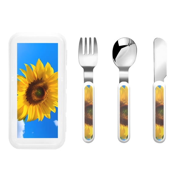 Kdxio Blue Sky Sunflower Toddler Utensils Set - Kids Silverware Set, Set Kids Utensils Set with Case for Preschooler Children