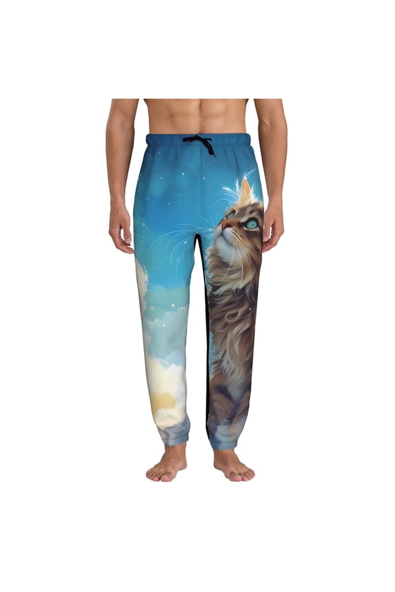 Blue Sky Winged Cat Pattern Joggers,Sweatpants for Men with Pockets-Large