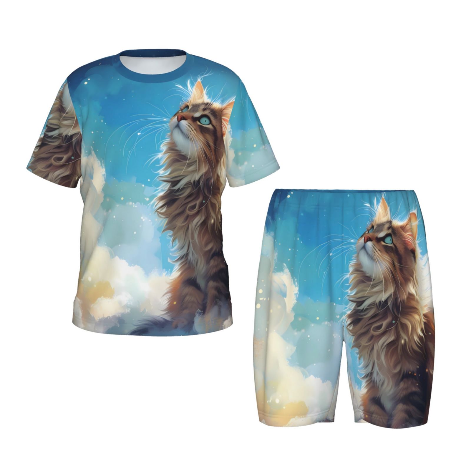 Kdxio Blue Sky Winged Cat Pattern ShortSleeved Summer Pajama Set for