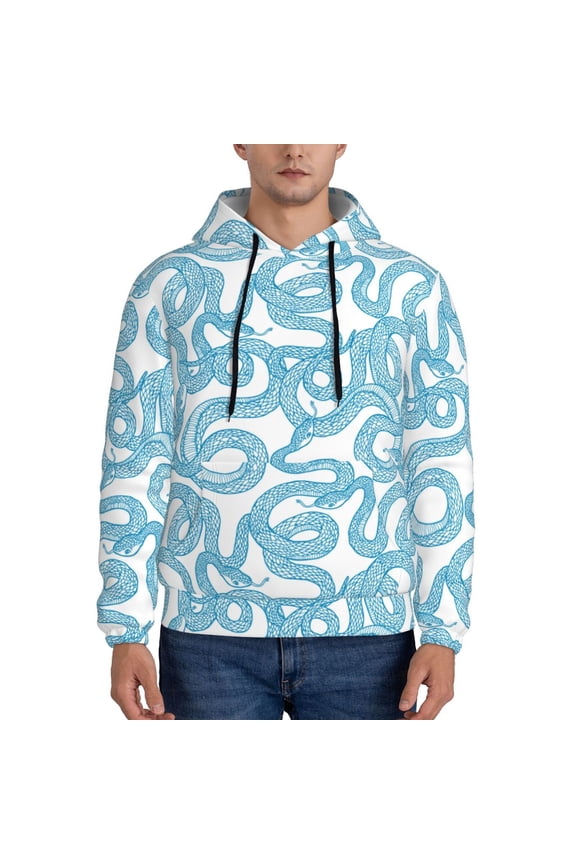 Blue Snake Print Mens Casual Hooded Collar Drawstring Hoodies Pullover Sweatshirts Casual Long Sleeve Shirts-Large