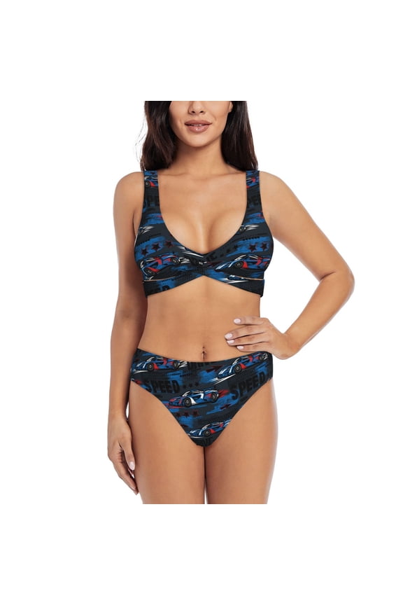 Blue Sports Car Print Women's 2 Piece High Waisted Wrap Spaghetti Strap Summer Swimsuit Bikini Set-Small