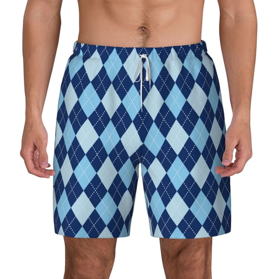 Kdxio Blue Squares Print Men'S Swim Trunks With Compression Liner 7 Inch Inseam Quick Dry Swim Shorts