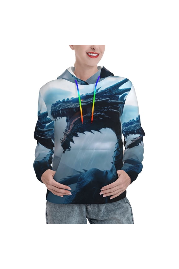 Blue Thunder Storm Dragon Print Womens Oversized Hoodies Sweatshirts Hooded Pullover Tops Sweaters Casual-XX-Large