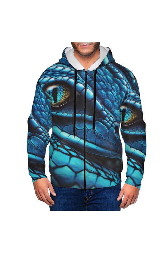 Blue Viper Snake Closeup Face Print Men Hoodies Casual Hoodies for Men with Zip Pockets Full Zip Long Sleeve Sweatshirt Sports Hooded Jacket-Small