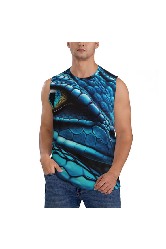 Blue Viper Snake Closeup Face for Men's Muscle T-shirt,Sleeveless for Workout Running Athletic Gym Lounge Casual