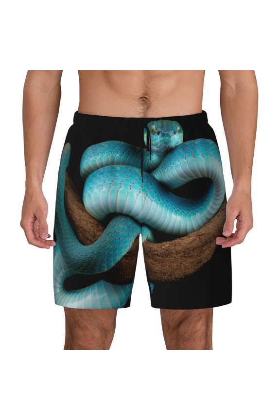 Blue Viper Snake Print Men's Swim Trunks with Compression Liner 7 Inch Inseam Quick Dry Swim Shorts