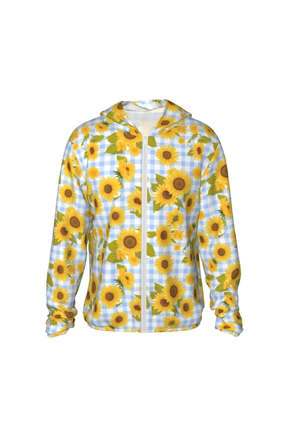 Blue White Plaid Sunflower Print Women Men Sun Protection UPF 50+ Jackets Zip Up Long Sleeve Hoodie Hiking Lightweight with Pockets