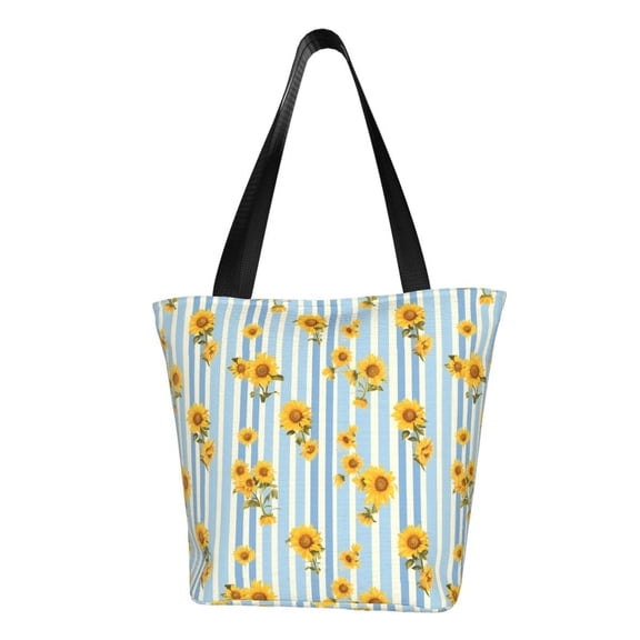 Kdxio Blue White Striped Sunflower Women Reusable Grocery Bags Foldable Ripstop,Reusable Shopping Bags for Shopping,Gym,Gift