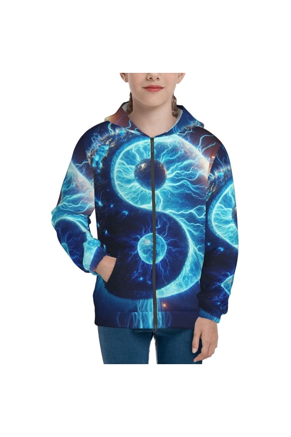 Blue Yin And Yang Pattern Kids Boys Girls Zip Up Hoodie 3D Printed Hooded Sweatshirt Hoody Coat with Pocket 7-12 Y-Small